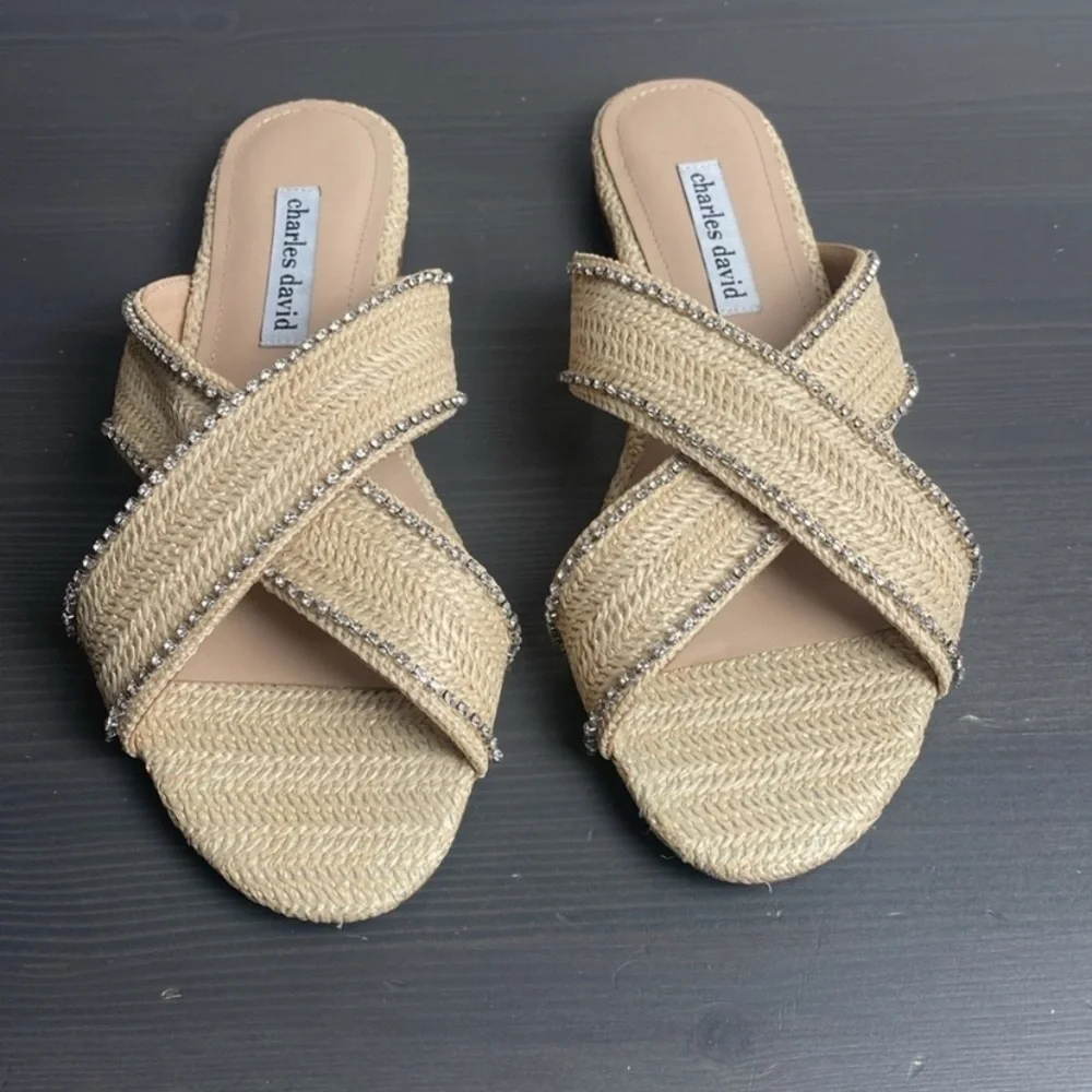 CHARLES DAVID Kenya Woven Flat Crisscross Embellished Sparkle Sandals Size 8.5‎